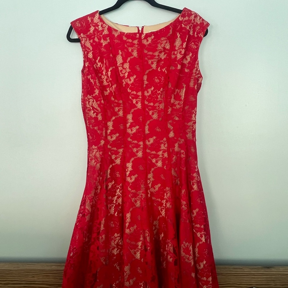 Julian Taylor Red Sleeveless Fit and Flare Lace Overlay Dress